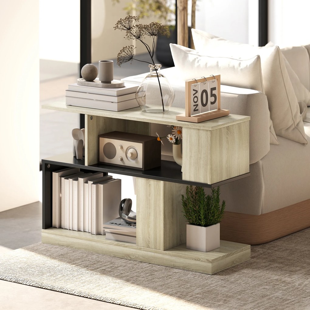 HOMCOM Măsuță laterală în formă de S, măsuță de canapea cu 3 niveluri și rafturi de depozitare, 90 x 30 x 61 cm, efect lemn natural negru | Aosom Romania