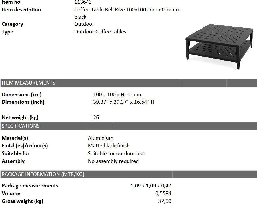 Masuta pentru interior si exterior Bell Rive negru, 100x100cm 113643 HZ