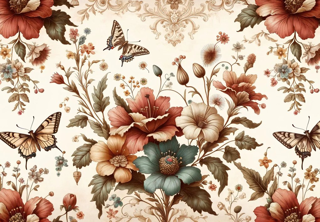 Fototapet - Fluturi printre flori (147x102 cm)