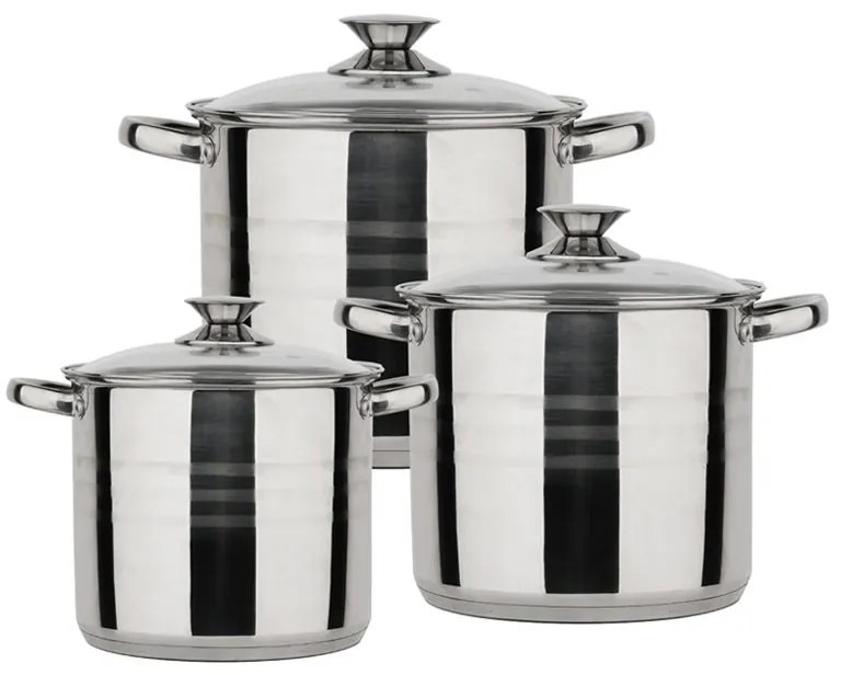 Set Vase Gătit din Inox, 6 Piese, Capacități 11 - 6 Litri, Bază 3 Straturi (Inducție), Capace din Sticlă Termorezistentă