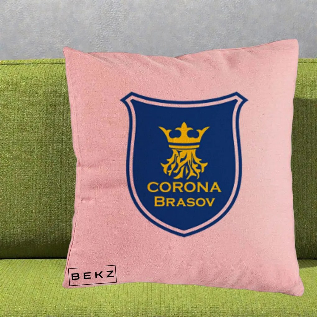 Perna Personalizata Corona Brasov Fotbal, 40x40 cm, Roz, Husa Detasabila, Perna Inclusa, BEKZ®