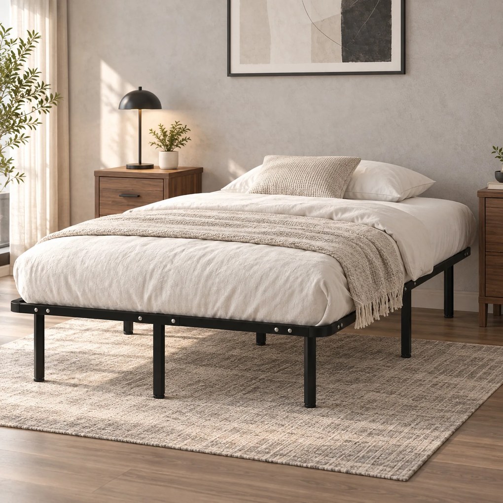 HOMCOM Pat Industrial 120x190x31 cm cu 28 de Lamele și Spațiu de Depozitare, Lemn și Oțel, Negru și Lemn Natural | Aosom Romania