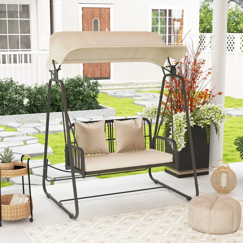 Outsunny Hollywoodschaukel din ratan pentru 2 persoane, cu acoperiș reglabil, perne, cu o capacitate de încărcare de până la 240 kg, 149 x 121 x 180 cm, kaki | Aosom Romania