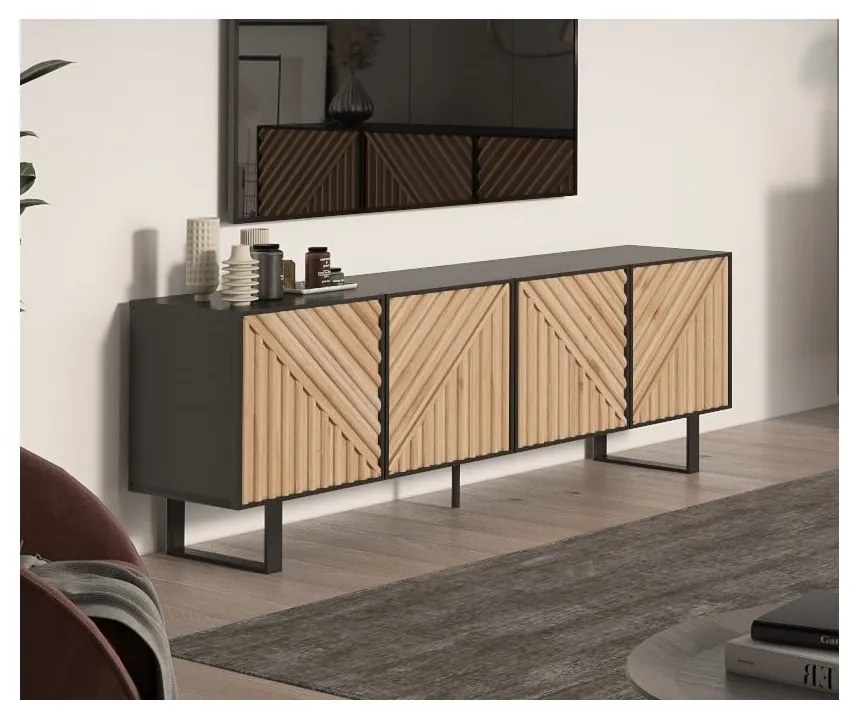 Comodă TV neagră/în culoare naturală cu aspect de lemn de stejar 161x55x35 cm Alana – Marckeric