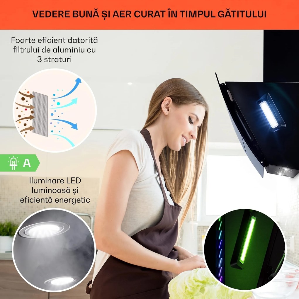 Klarstein Clara 60, hotă, 591 m³/h, ecran tactil, iluminare ambientală