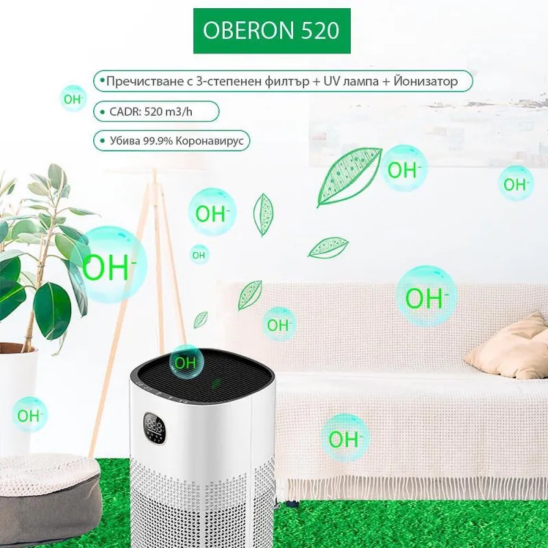 Purificator de aer Atractiv OBERON 520, 50W, Pana la 62 m², Wi-Fi, 5 viteze, Timer, Mod de noapte, Telecomandă, Senzor inteligent de poluare, Alb