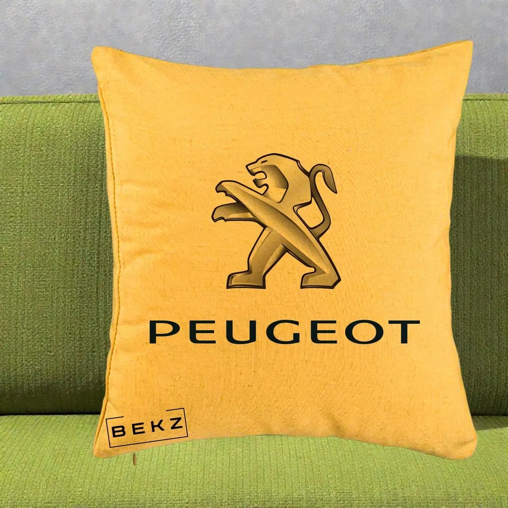 Perna Personalizata cu emblema Peugeot, 40x40 cm, Galben, Husa Detasabila, Perna Inclusa, BEKZ®