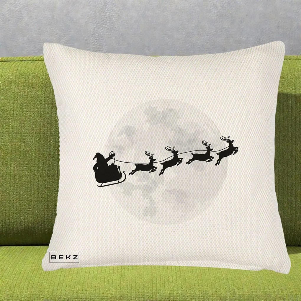 Perna Decorativa Mos Craciun Sanie Luna, 40x40 cm, Crem Reliefat, Husa Detasabila, Perna Inclusa, BEKZ®