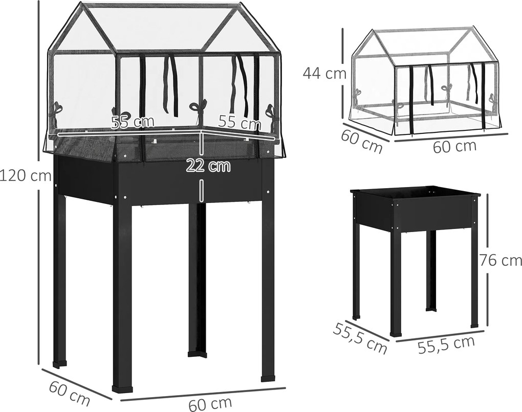 Outsunny Jardinieră cu acoperiș de seră, cutie ridicată pentru plante cu orificii de drenaj, 60 x 60 x 120 cm, Negru | Aosom Romania