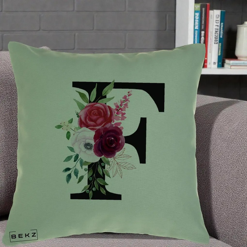 Cadou Personalizat - Perna Personalizata Monograma Florala Litera F, 40x40 cm, Verde, Husa Detasabila, Perna Inclusa, BEKZ®