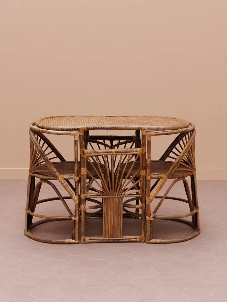 Set dining din rattan natural, masă ovală și 2 scaune, 3 piese, „Trinidad”