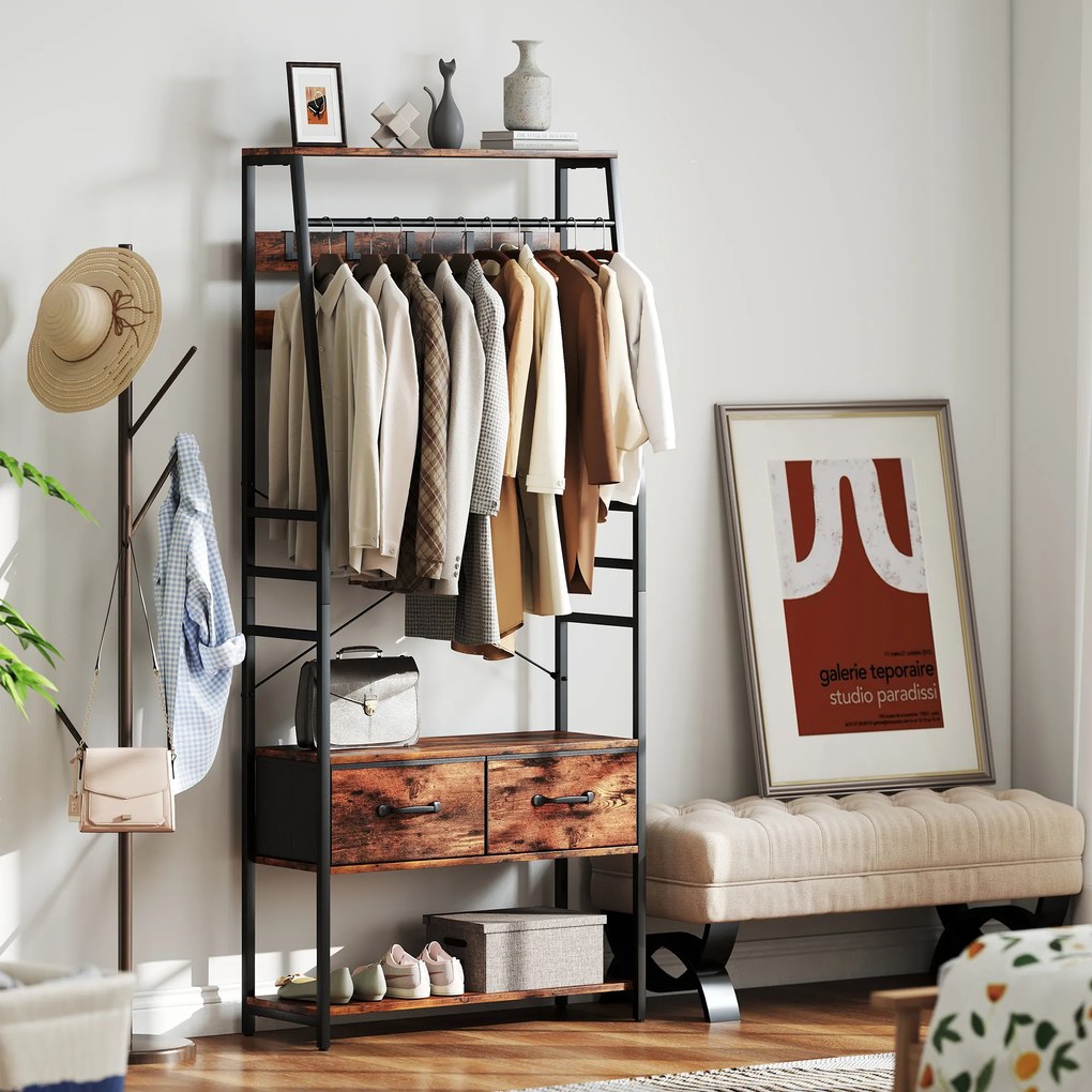 HOMCOM Mobilier de intrare 6 în 1 cuier bară pentru haine raft 2 sertare 10 cârlige 80 x 30 x 180 cm maro rustic | Aosom Romania