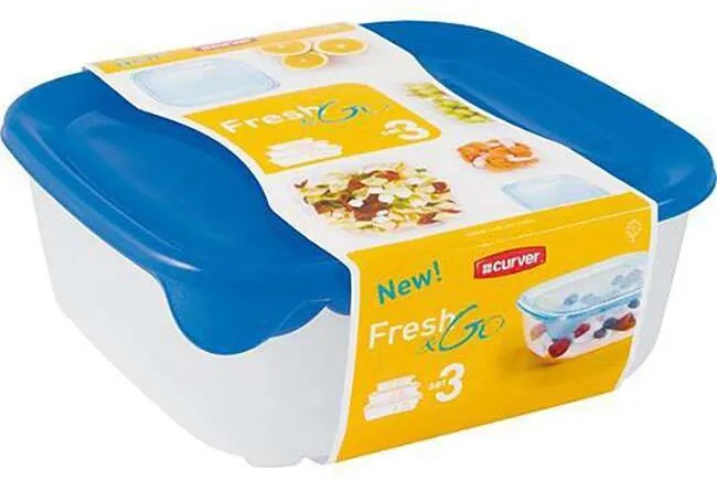Cutie caserola alimente, plastic, etansa, albastru, set 3 buc, 0.25 0.8 1.7 L, Curver FreshGo