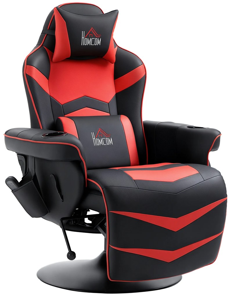 HOMCOM Fotoliu de gaming, Funcție de masaj, spătar înclinabil, suport de picioare, până la 120 kg, cadru din oțel, piele ecologică, Roșu | Aosom Romania