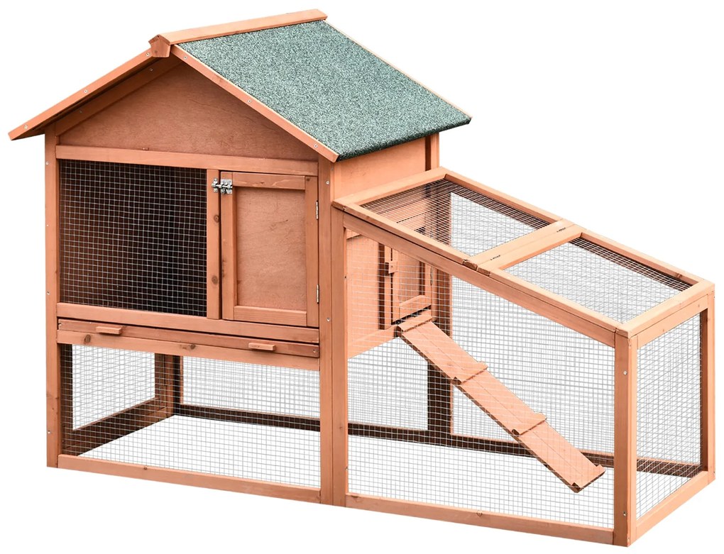 PawHut Iepurieră de Exterior din Lemn Cușcă pentru Iepuri Două Etaje cu Acoperiș Ușă și Fereastră Tavă Detașabilă și Lavabilă Mare Confort Spațiu Generos 144x64.5x100cm | Aosom Romania