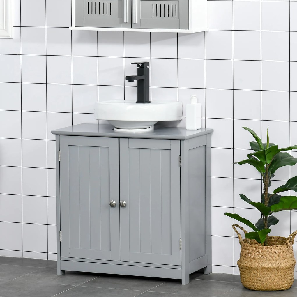 kleankin Mobilier baie sub chiuvetă - mobilier sub-vasă - dulap 2 uşi cu raft 60L x 30l x 60H cm - din lemn Gri | Aosom Romania