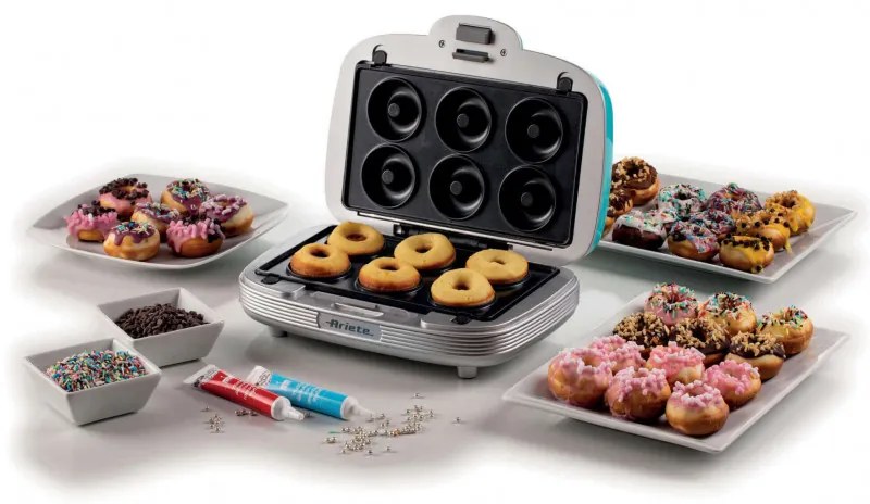 Aparat 3in1 pentru preparare gogosi, briose si sandvisuri Ariete PARTY TIME 1972/01, 700W, 3 placi detasabile, Turcoaz