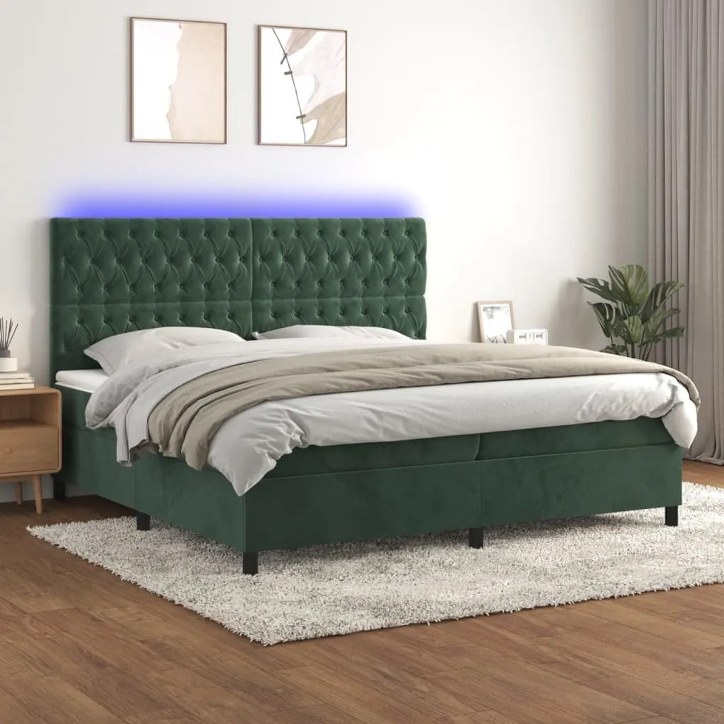 vidaXL Pat cu arcuri, saltea și LED, verde închis, 200x200 cm, catifea