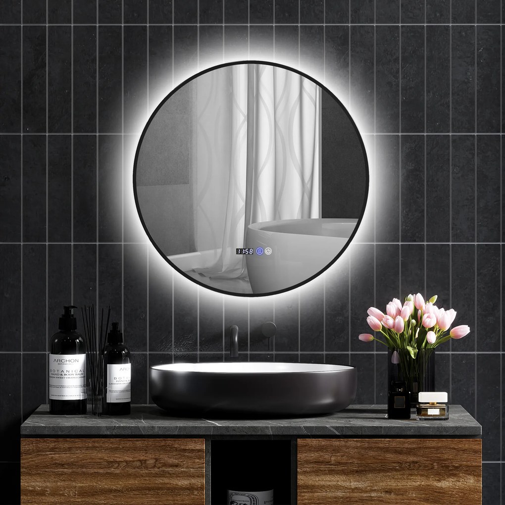HOMCOM Oglindă de Baie Anti-Ceață cu Lumini LED Reglabile, Ø70x3 cm, Negru | Aosom Romania