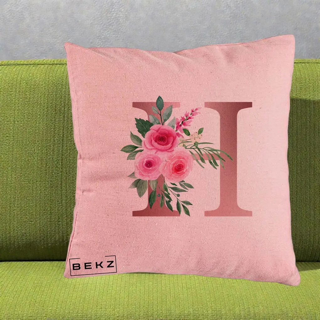 Cadou Personalizat - Perna Personalizata Monograma Rose Gold Litera H, 40x40 cm, Roz, Husa Detasabila, Perna Inclusa, BEKZ®