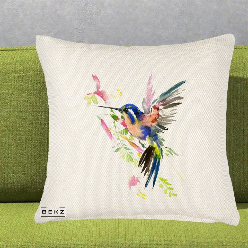 Perna Decorativa Colibri Acuarela, 40x40 cm, Crem Reliefat, Husa Detasabila, Perna Inclusa, BEKZ®