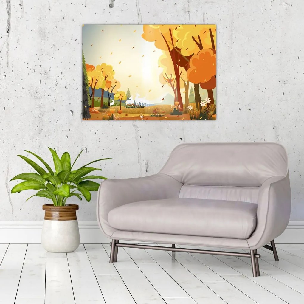 Tablou pe sticlă - Peisaj de toamnă, ilustrație (70x50 cm)