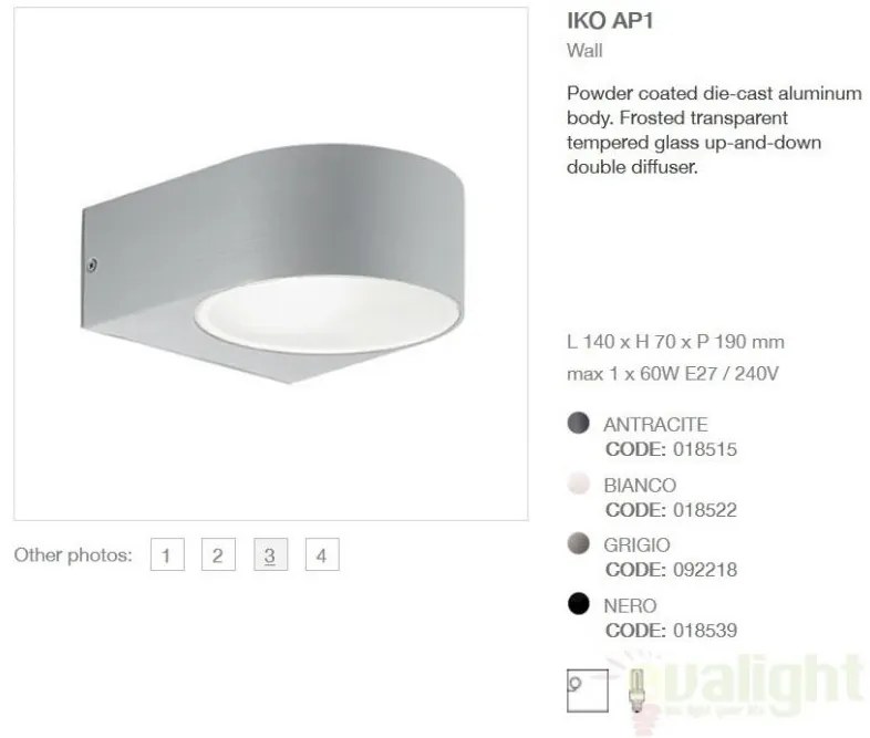 Aplica de perete exterior, cu iluminat up-and-down, IP44, IKO AP1 GRIGIO 092218