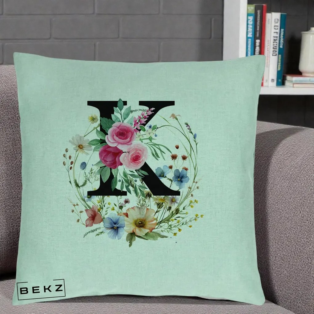 Cadou Personalizat - Perna Personalizata Monogram Litera K cu Flori Acuarela, 40x40 cm, Verde Menta, Husa Detasabila, Perna Inclusa, BEKZ®