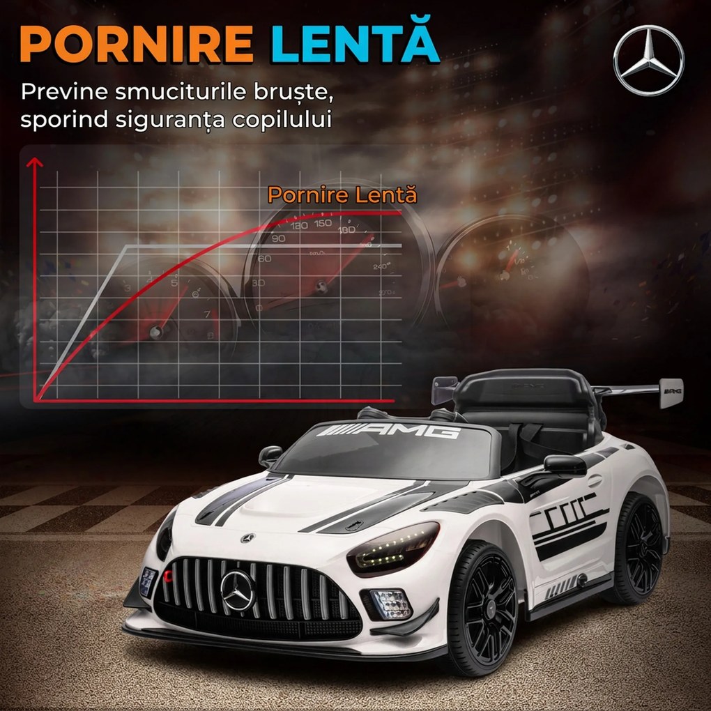 AIYAPLAY Mașinuță Electrică pentru Copii 3-8 Ani Mercedes-AMG 12V cu Telecomandă, Lumini LED, Roți de Transport, Alb | Aosom Romania