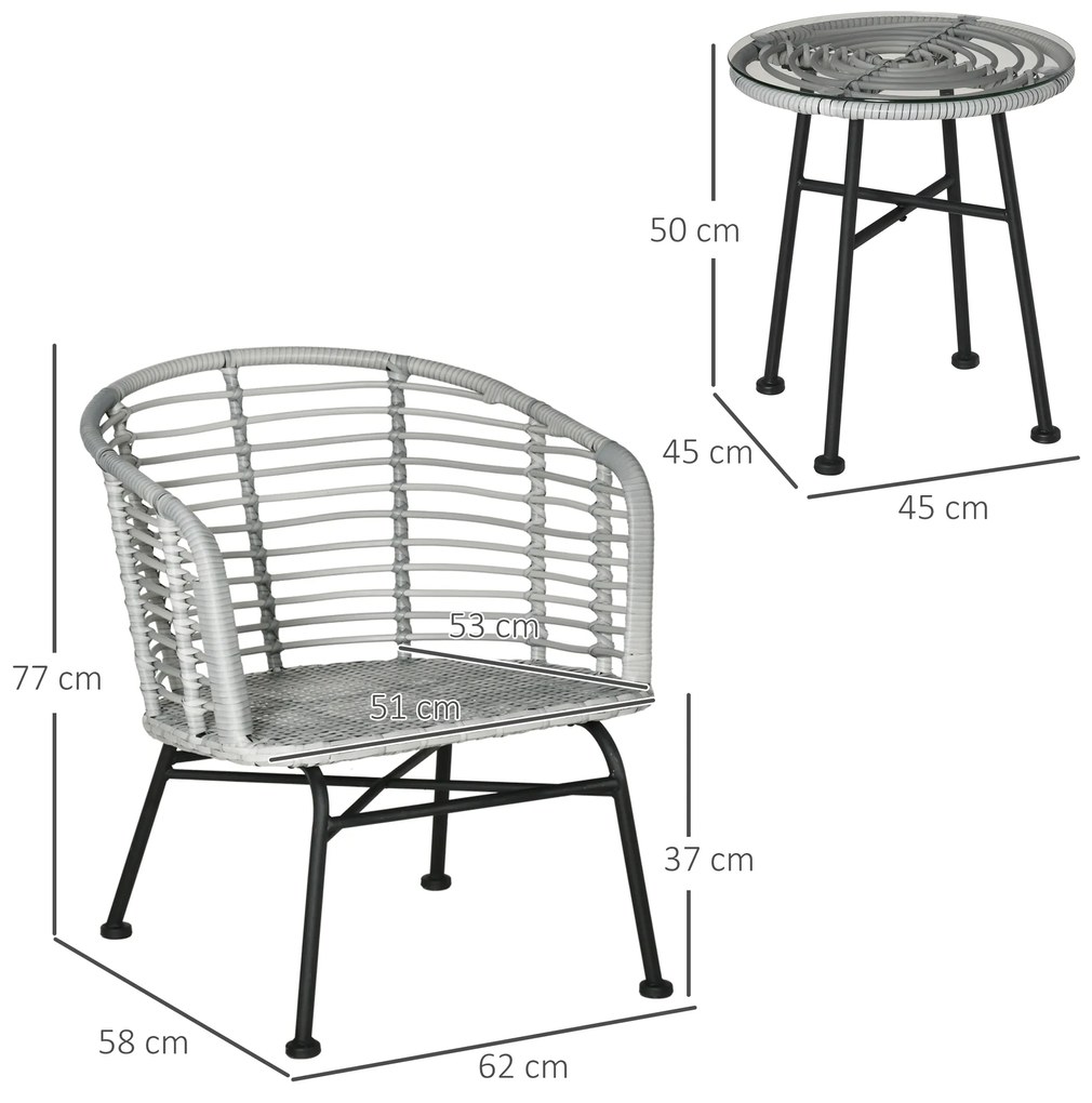 Outsunny Set Mobilier Exterior 3 Piese din Ratan PE, Salon Grădină cu Masă și Scaune, Ideal pentru Terasă și Bistrò, Gri | Aosom Romania