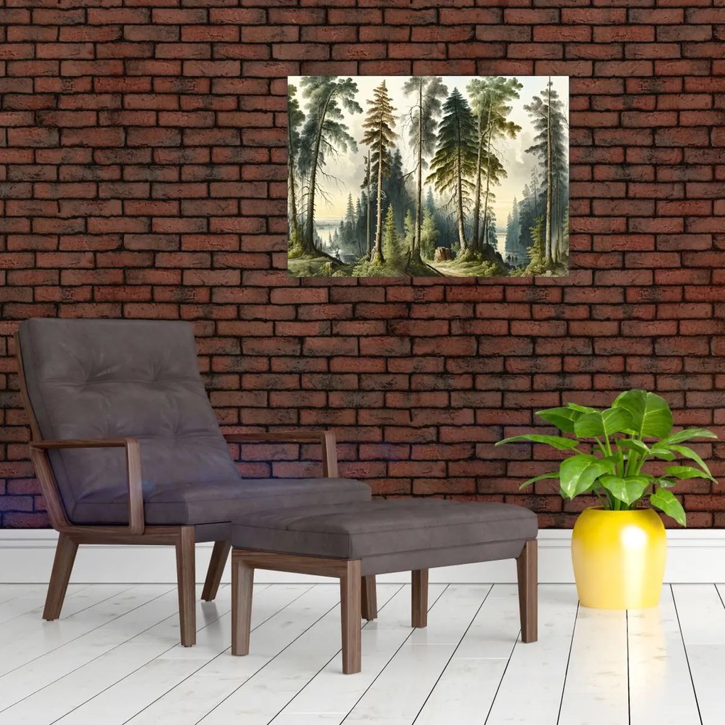 Tablou pe sticlă - Peisaj de epocă de păduri (70x50 cm)