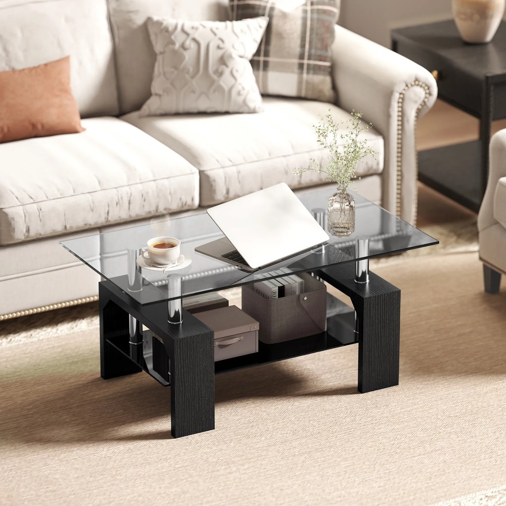 HOMCOM Măsuță de Cafea Modernă cu 2 Nivele din Lemn și Oțel cu Blat din Sticlă Temperată, 90x50x42 cm, Negru | Aosom Romania