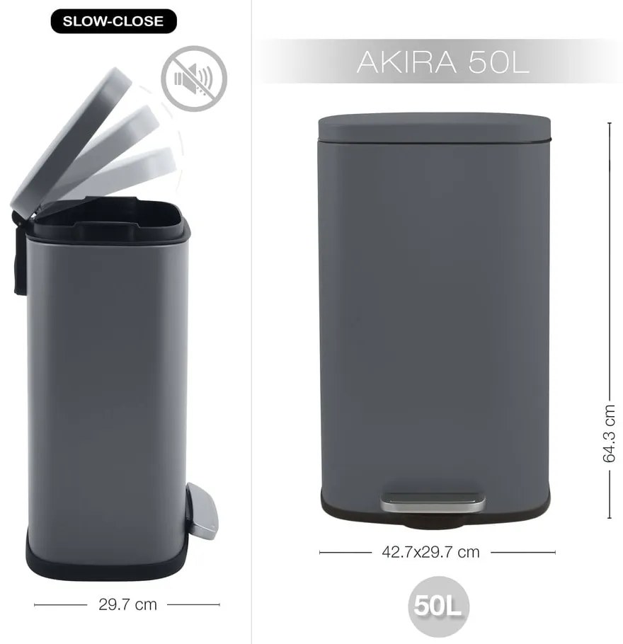 Coș de gunoi gri închis cu pedală din oțel 50 l Akira – Spirella