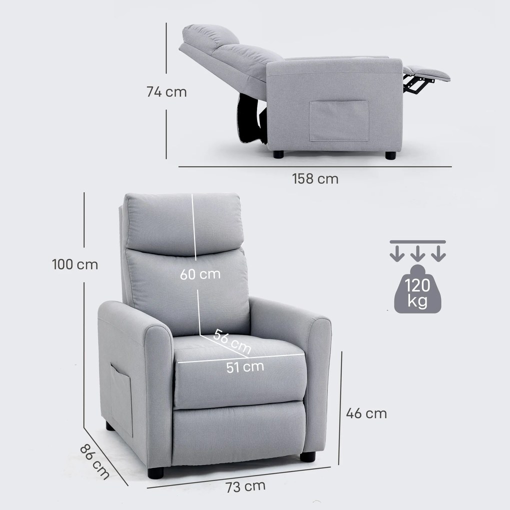 HOMCOM Fotoliu Reclinabil 135° max în Material cu Efect de In, Spumă, Oțel și Lemn, 73x86x100 cm, Gri Deschis | Aosom Romania