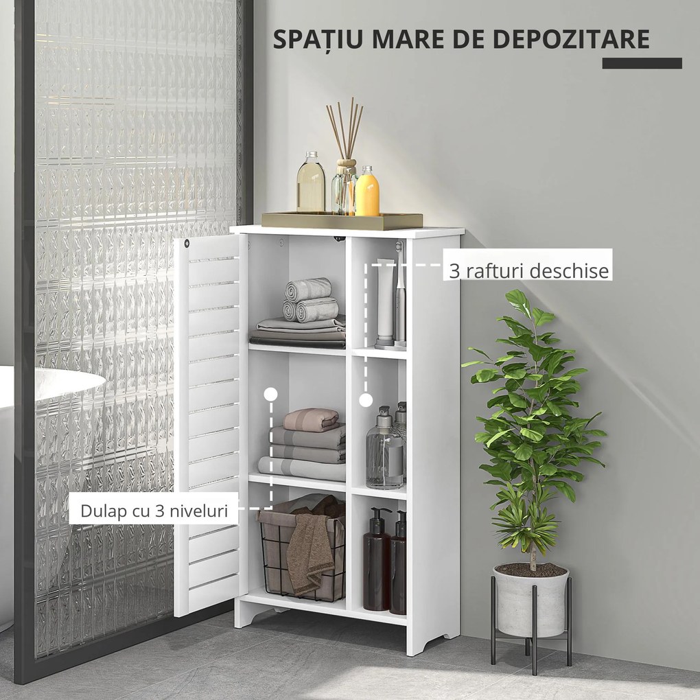 HOMCOM Dulap pentru Baie cu Ușă Lamelară, Dulap cu 3 Niveluri și 3 Rafturi Deschise, 48x24x96,5 cm, Alb | Aosom Romania