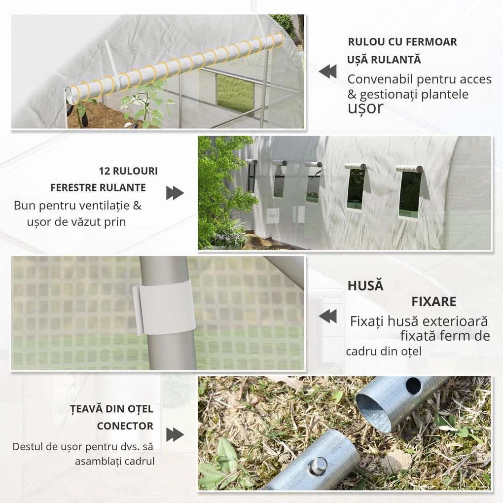 Outsunny Seră de grădină tunel de dimensiuni mari cu acoperiș PE cadru din oțel ușă rulabilă și 12 ferestre 8 x 3 x 2 m alb | Aosom Romania