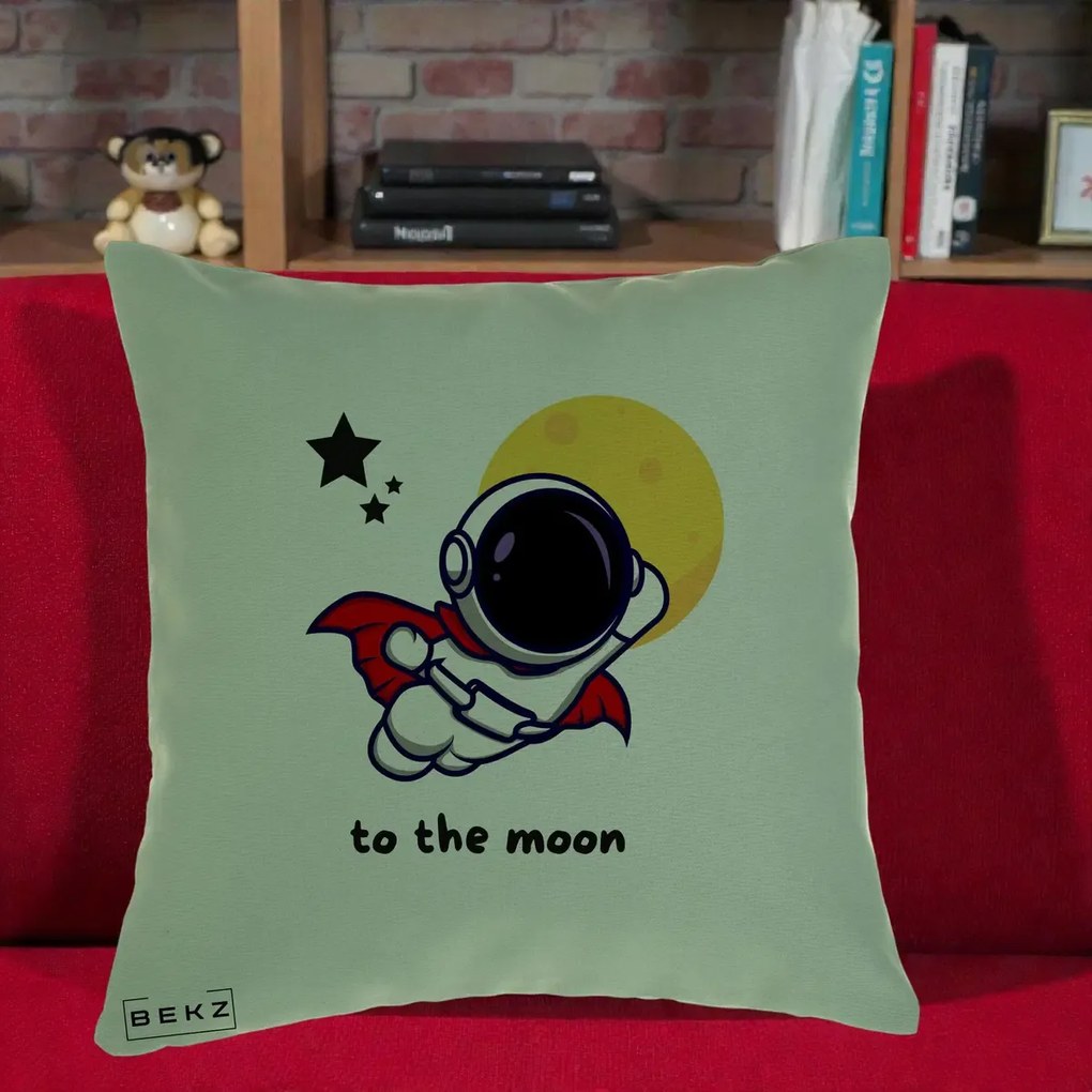 Perna Decorativa Astronaut To The Moon, 40x40 cm, Verde, Husa Detasabila, Perna Inclusa, BEKZ®