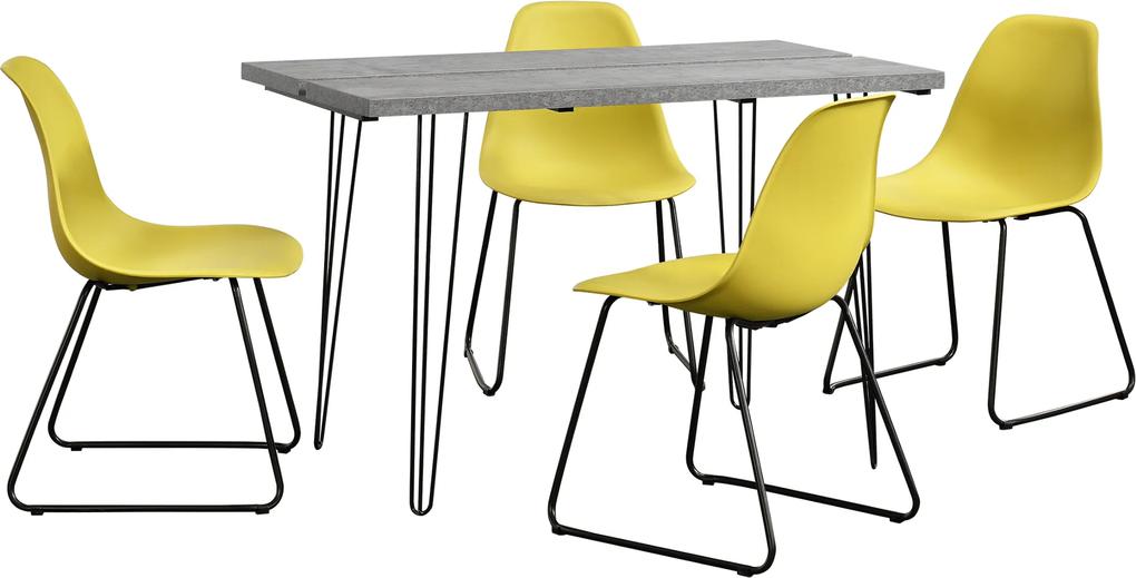 [en.casa]® Set Porto masa design bucatarie cu 4 scaune design, Model 2, MDF/otel/plastic,  83 x 46 x 52 cm, efect beton/mustar