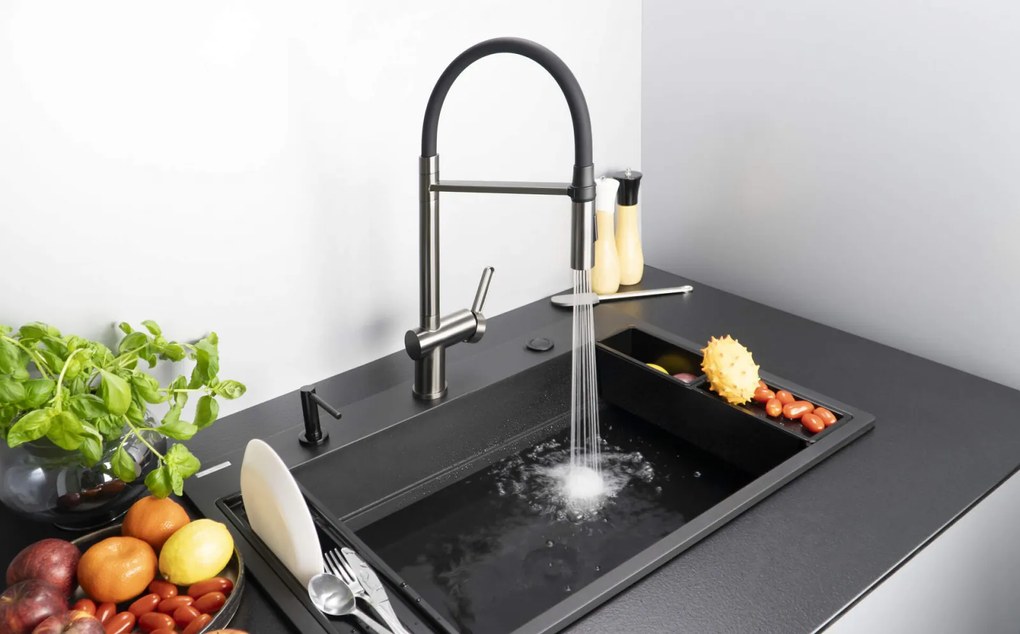 Baterie pentru chiuveta bucatarie, titan, cap mixer, pipa flexibila, 2 tipuri de jet, Deante Magnetic