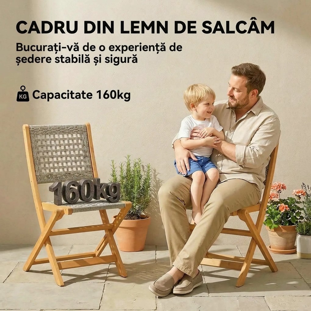 Outsunny Set de 2 Scaune de Grădină din Ratan PE, Scaune Pliabile de Exterior, Structură din Lemn de Salcâm, pentru Balcon, Terasă, Suport până la 160 kg, Gri | Aosom Romania