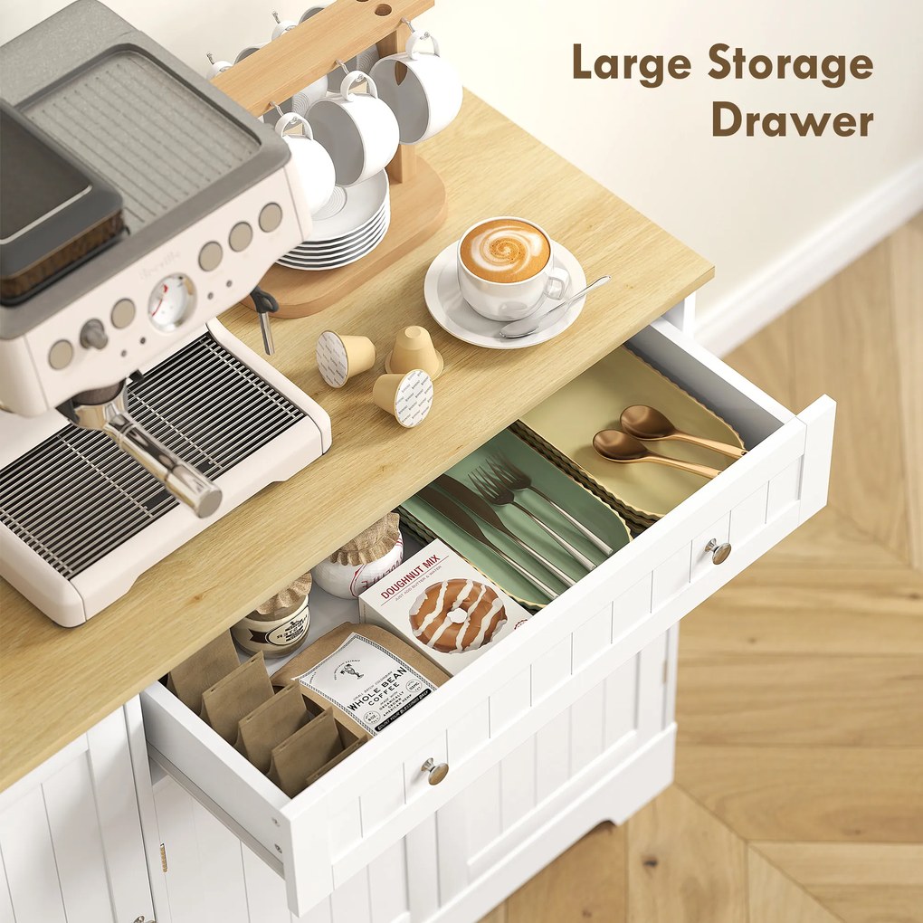 HOMCOM Comodă Modernă cu Spațiu de Depozitare, Bufet cu Sertar, Rafturi Reglabile, Mică Cămară de Bucătărie cu Rafturi Interioare, Alb | Aosom Romania