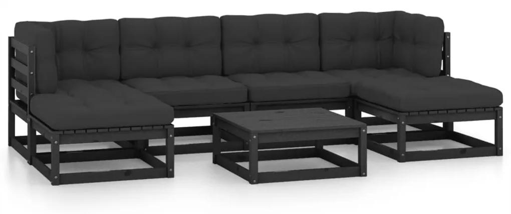 3077123 vidaXL Set mobilier grădină cu perne, 7 piese, negru, lemn masiv pin
