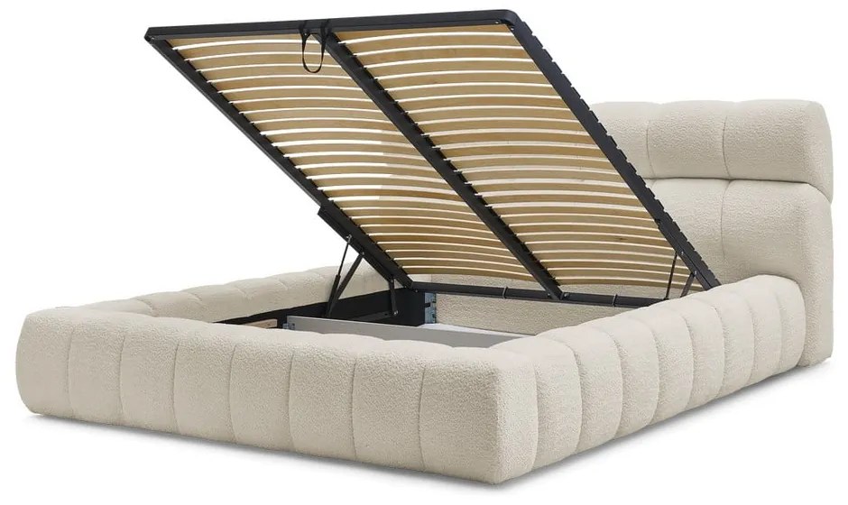 Pat matrimonial bej tapițat cu spațiu de depozitare cu somieră 180x200 cm Mont Blanc – Bobochic Paris