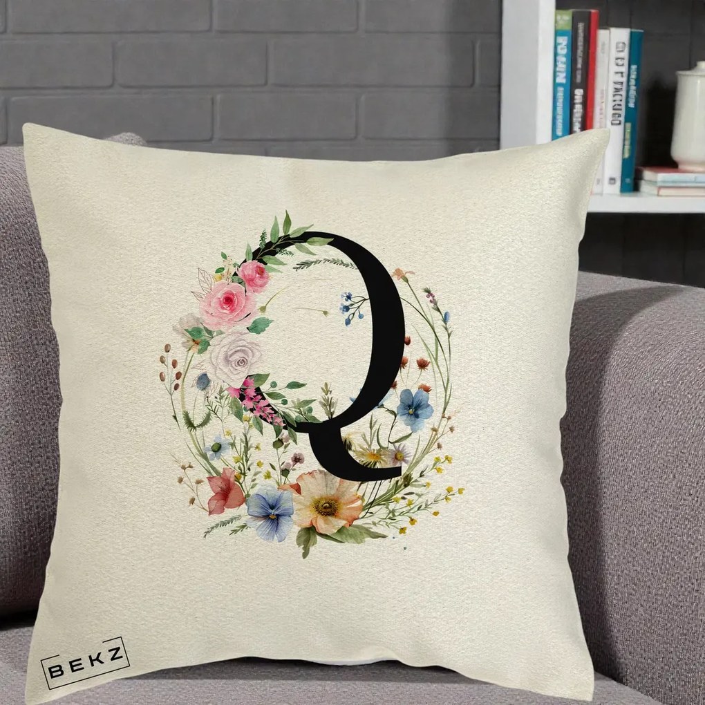 Cadou Personalizat - Perna Personalizata Monogram Litera Q cu Flori Acuarela, 40x40 cm, Ecru, Husa Detasabila, Perna Inclusa, BEKZ®