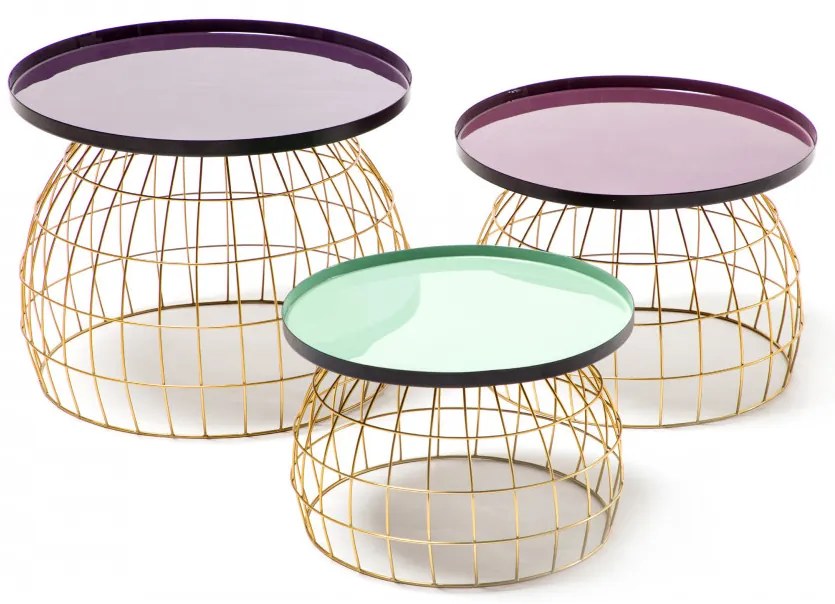 Set 3 masute de cafea rotunde din metal Laudatio 50x50x42 cm mov/lila/verde deschis