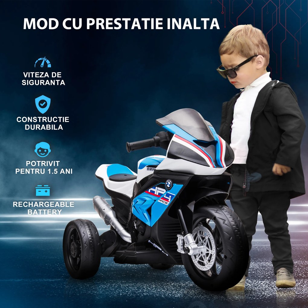 Motocicleta electrica pentru copii 18-60 luni HOMCOM BMW HP4 cu licenta, 3 roti 6V, Albastru| Aosom Romania