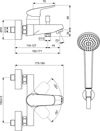 Set baterie cada cu dus, cu baterie, para si furtun, crom lucios, Ideal Standard CeraFlex
