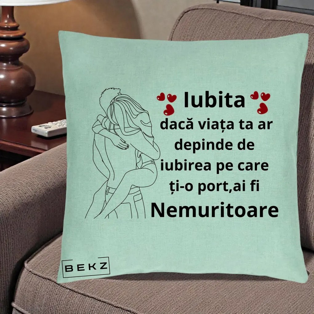 Cadou pentru Iubita - Perna Personalizata Iubita Nemuritoare cu Cuplu Line-Art si Inimi Rosii, 40x40 cm, Verde Menta, Husa Detasabila, Perna Inclusa, BEKZ®