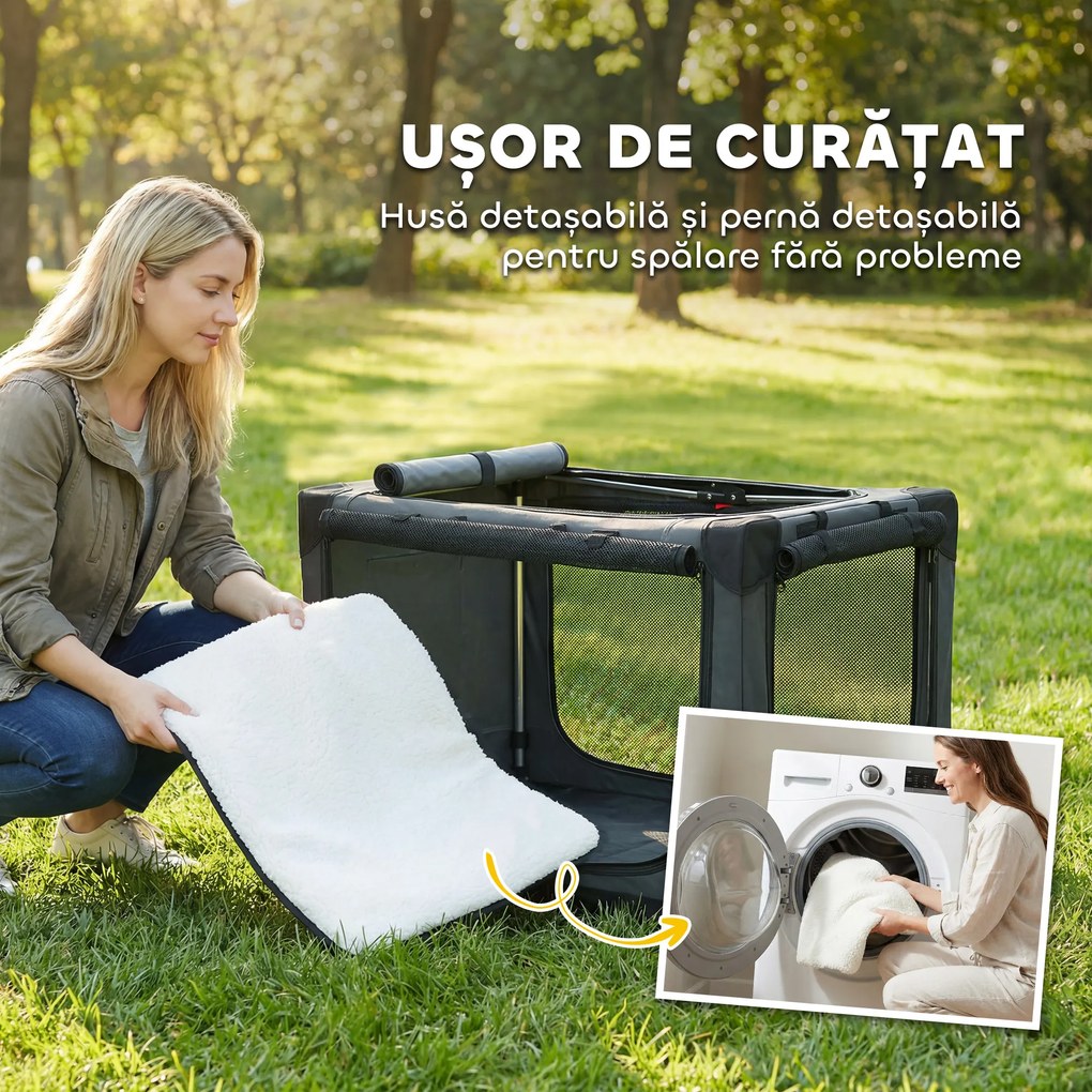 PawHut Cușcă de Transport Pliabilă pentru Câini și Pisici cu Pernă, Husă Lavabilă, Uși, din Oxford Respirabil 600D, 76x54x54 cm, Verde | Aosom Romania