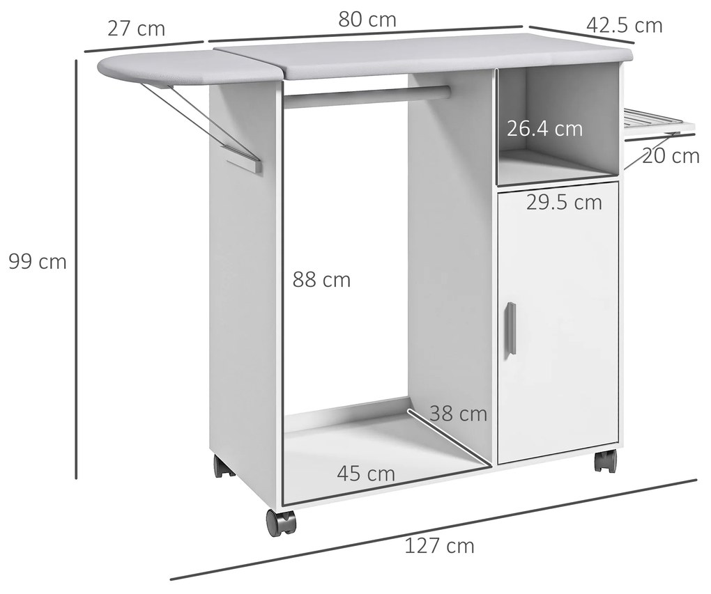 HOMCOM Dulap Multifuncțional cu Masă de Călcat | Blat din Tesatura Efect In | 3 Rafturi | Ghidaj pentru Agățat | 127x42.5x99 cm | Alb | Aosom Romania